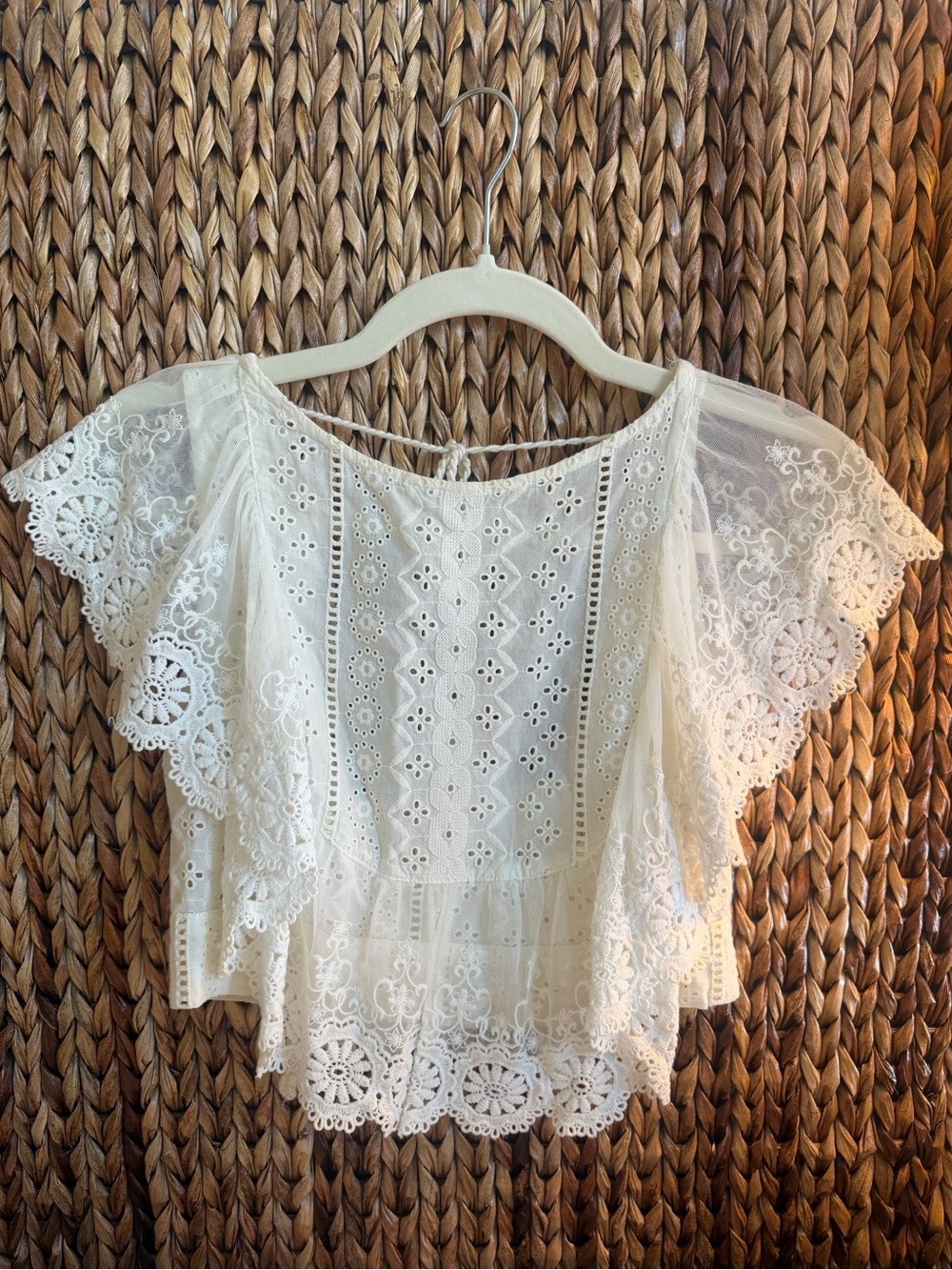 Altar'd State Cream Lace Eyelet Flutter Sleeve Top